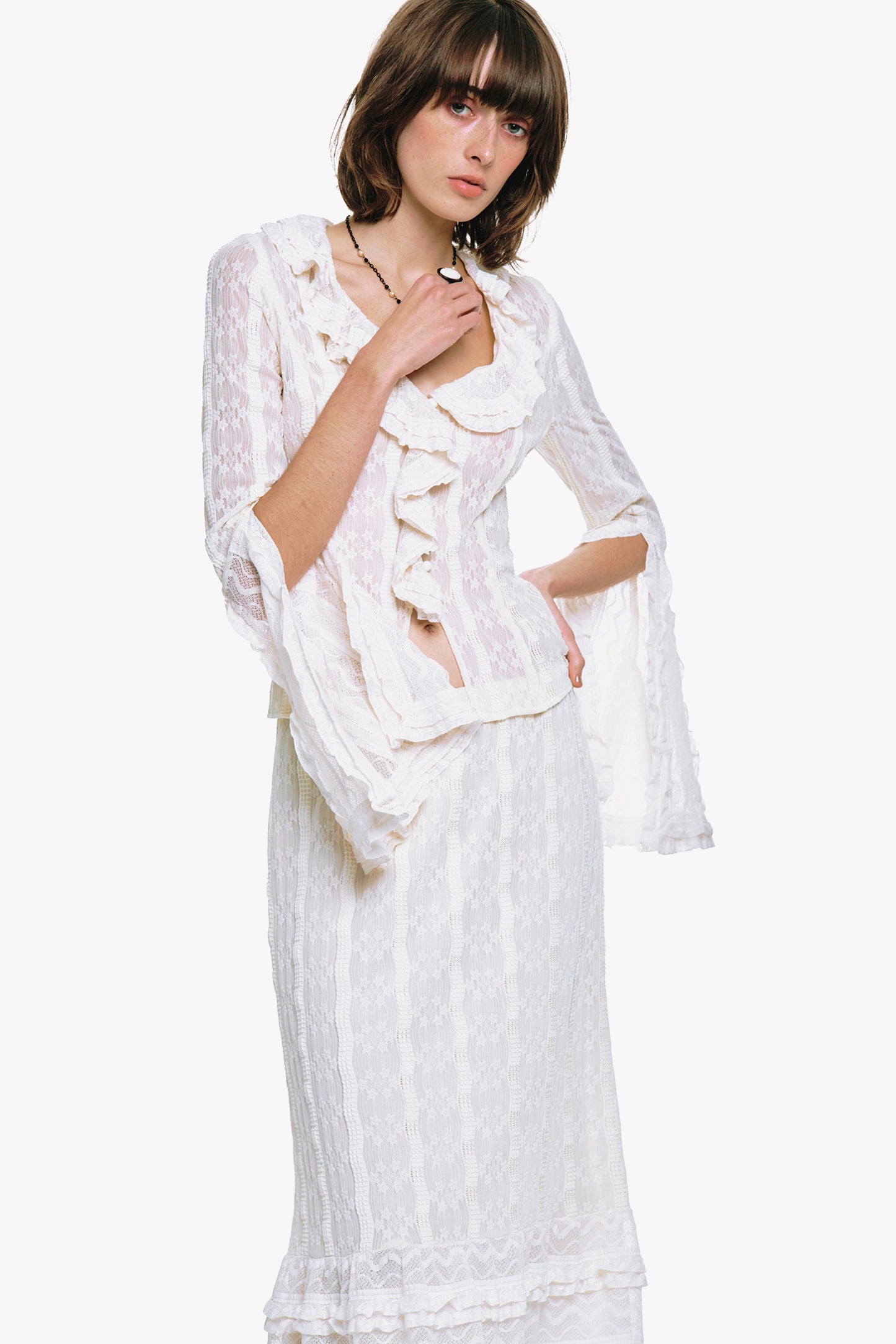 Floral Ruffle Stretch Lace Blouse