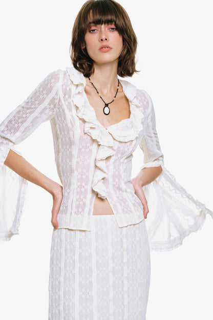 Floral Ruffle Stretch Lace Blouse