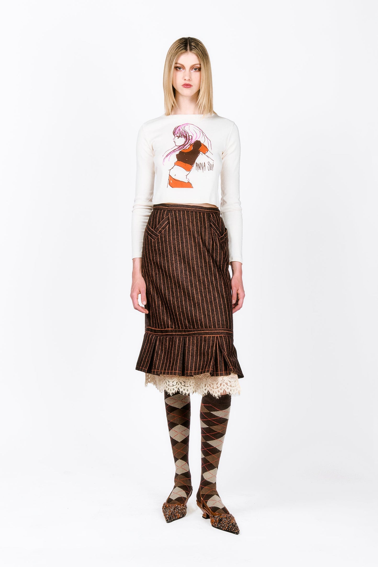 Railroad Stripe Lace Trimmed Skirt, knees long, tobacco with beige strips, white lace at bottom