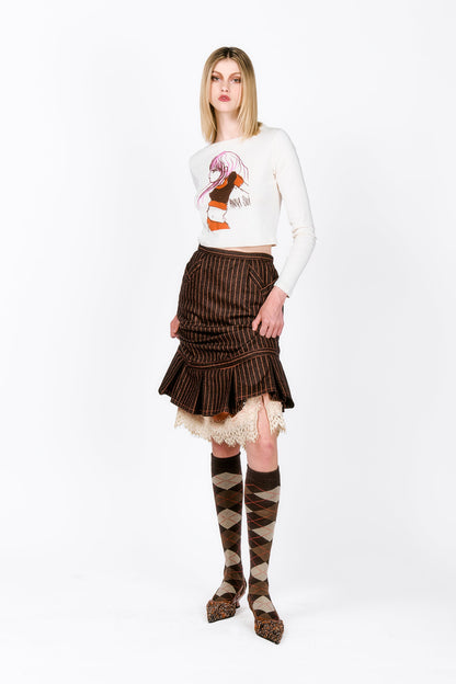 Lace tight Skirt, tobacco with beige strips, featuring 2 pockets with triangular seams