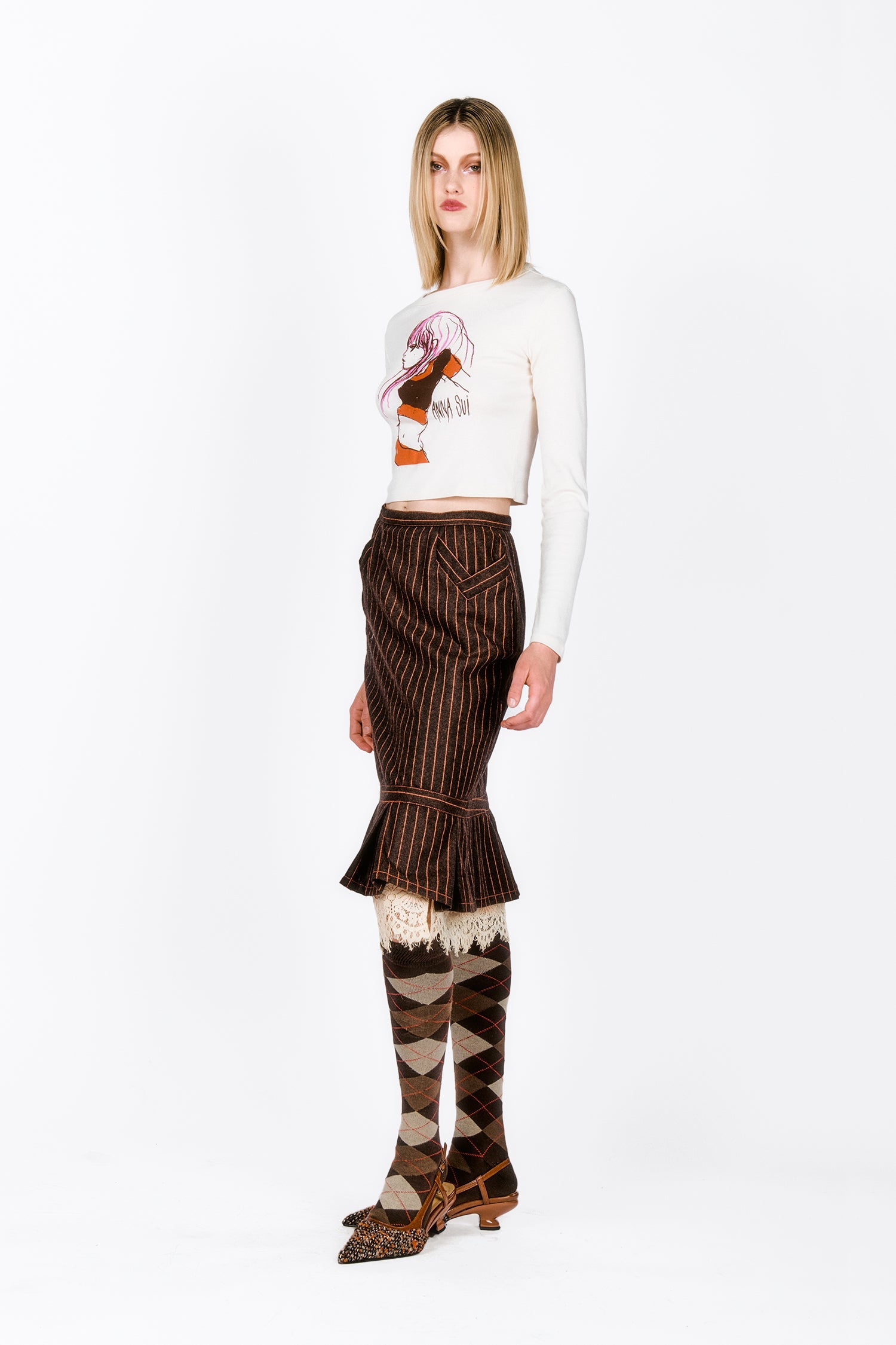 Railroad Stripe Lace Trimmed Skirt, tobacco with beige strips top to bottom, waist line, pockets