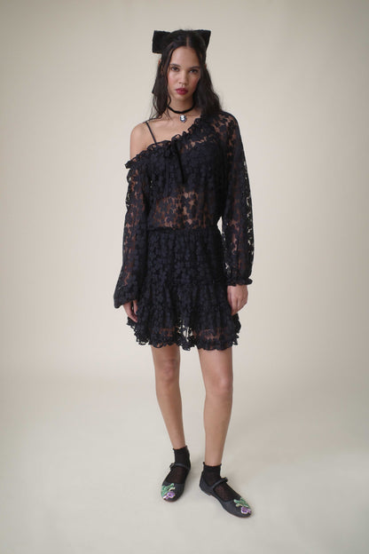 Shadow Blossom Tulle Elastic Lace Blouse