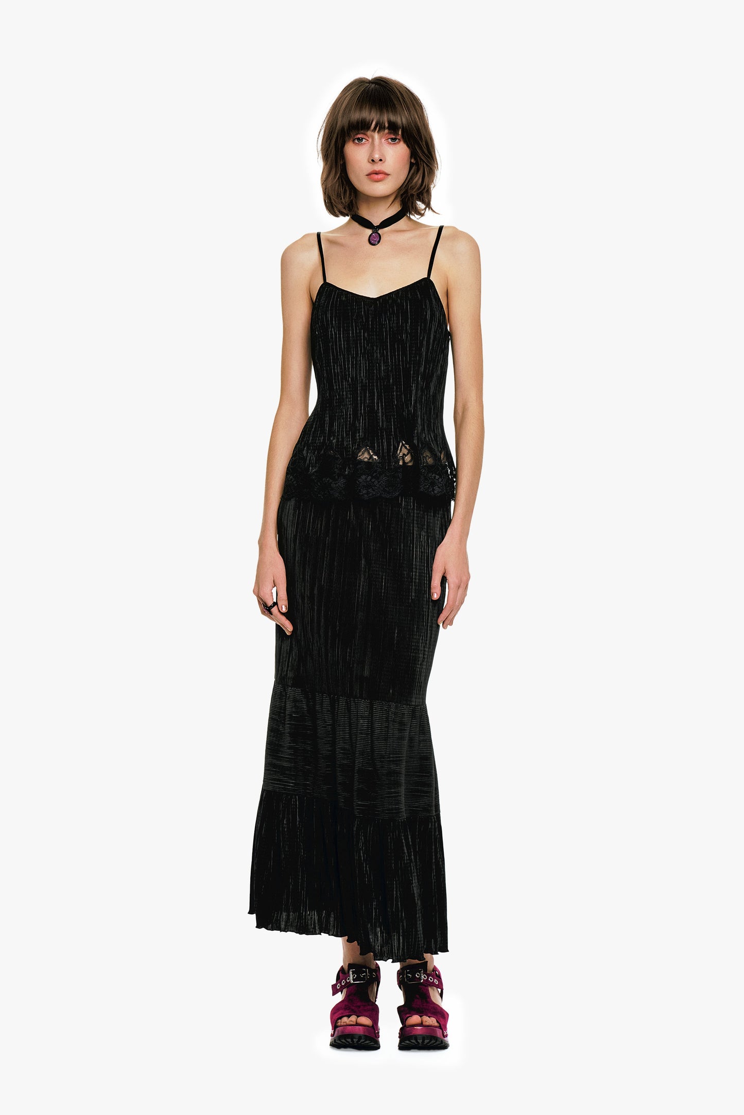 Plissé Tiered Maxi Skirt - Black