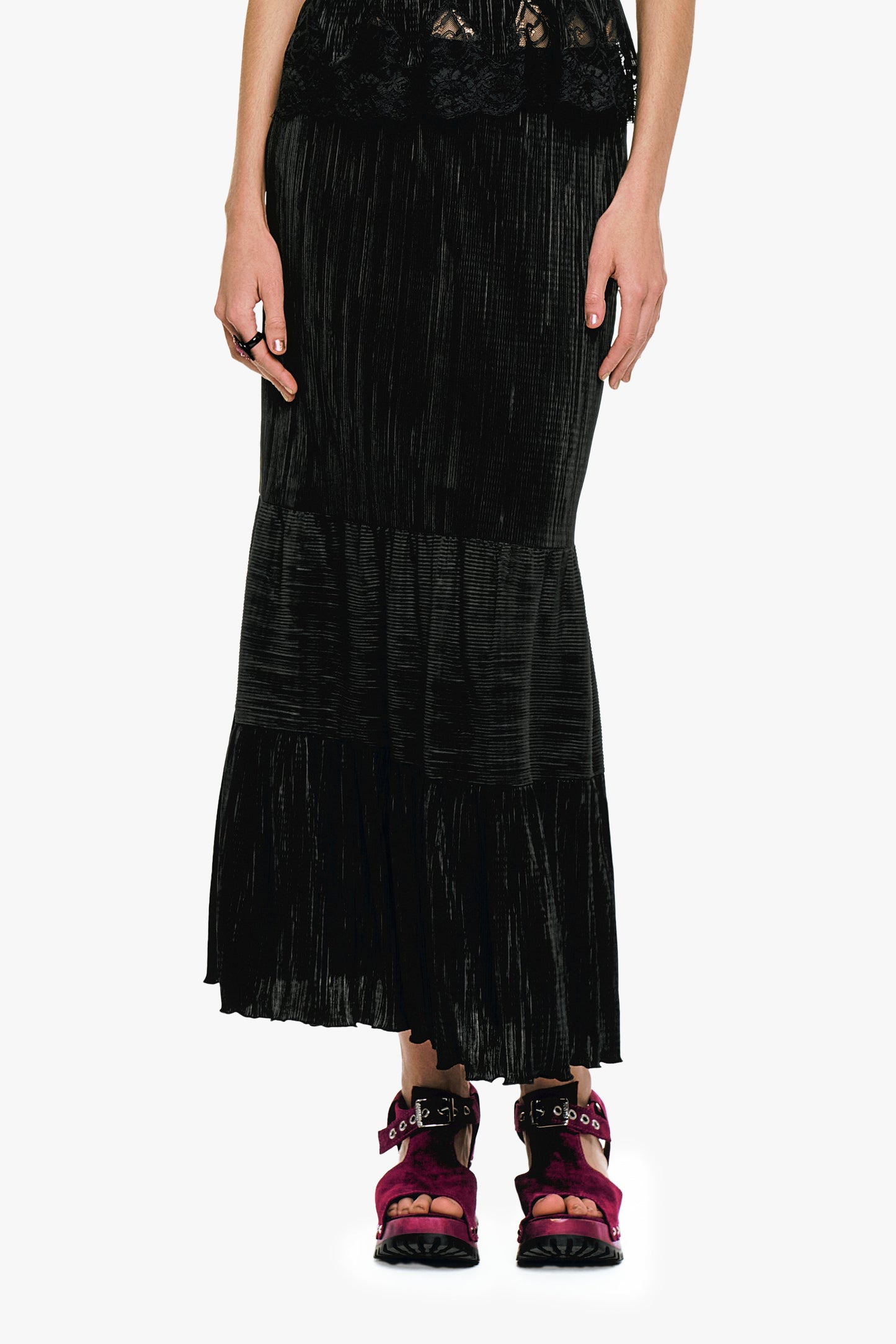 Plissé Tiered Maxi Skirt - Black