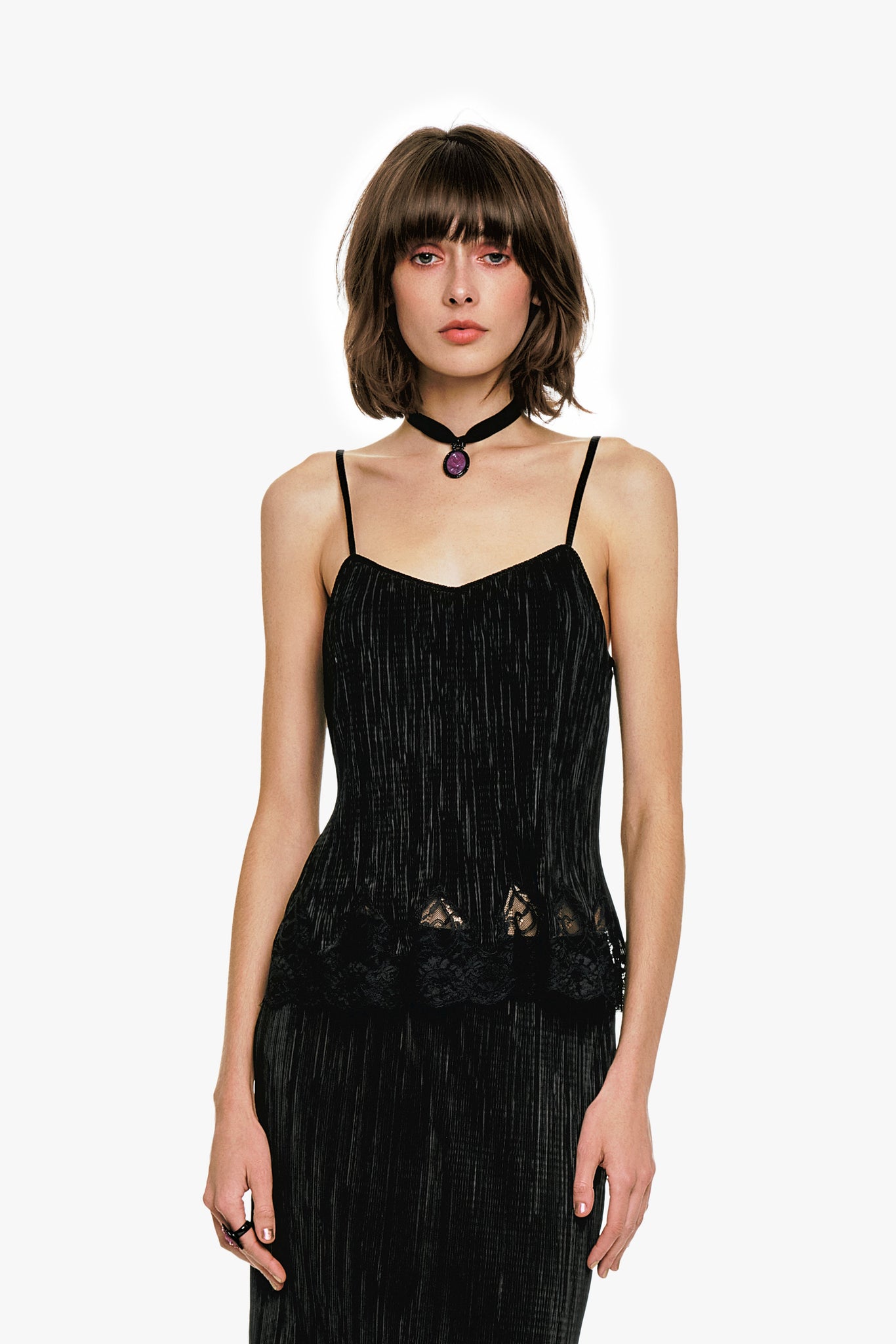 Plissé Lace Trimmed Cami Top