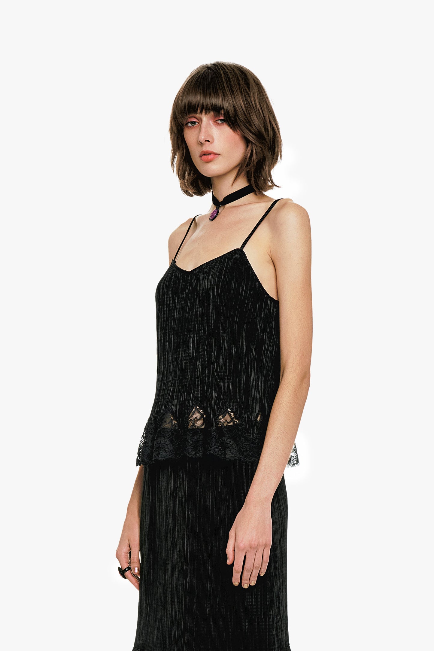 Plissé Lace Trimmed Cami Top