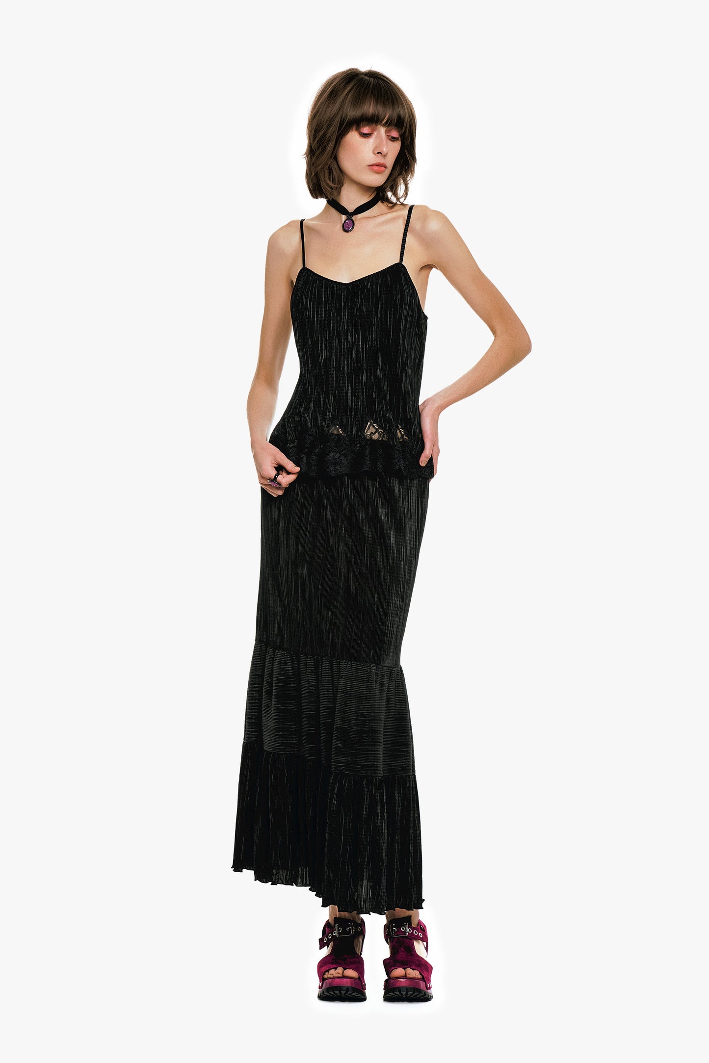 Plissé Tiered Maxi Skirt - Black