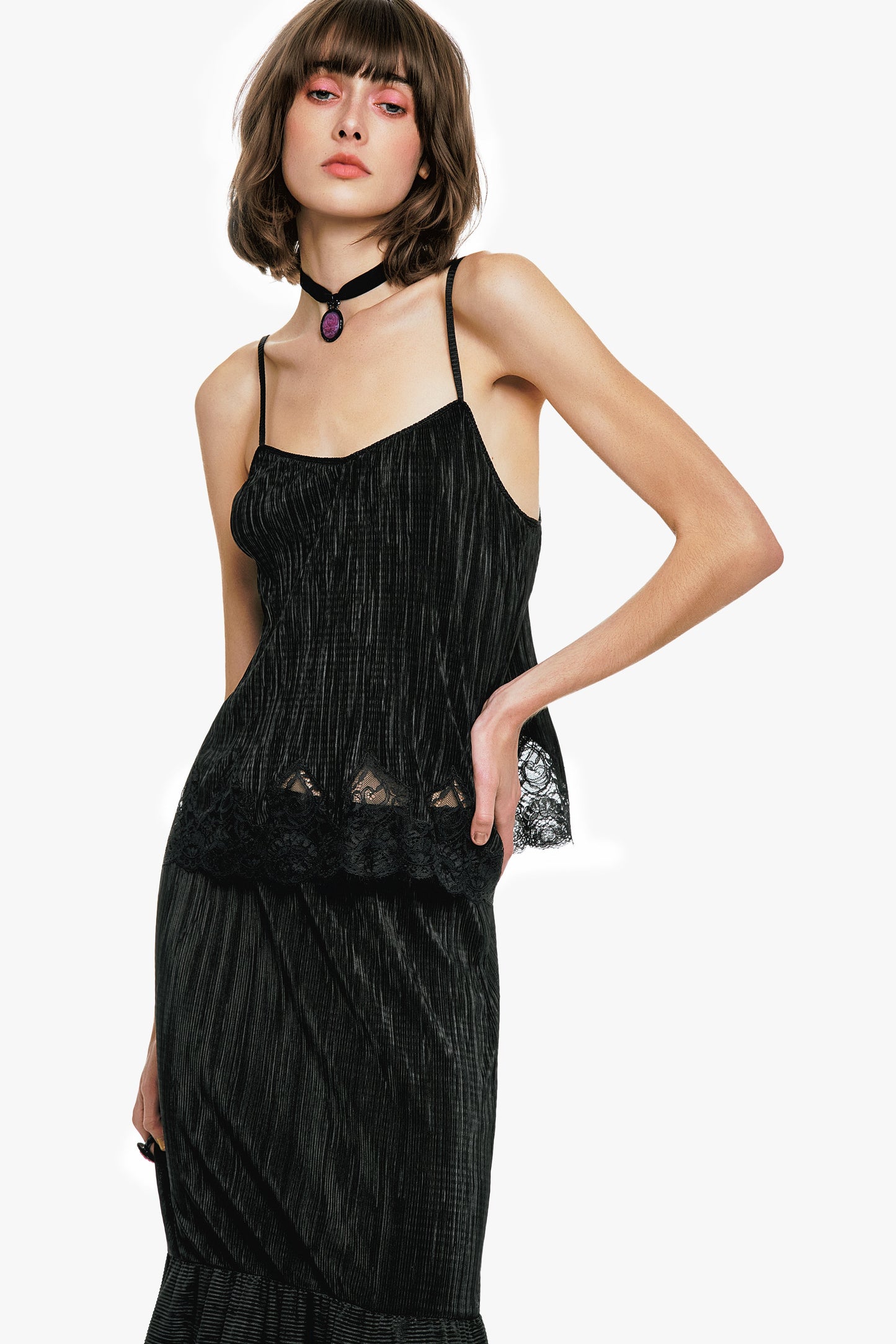 Plissé Lace Trimmed Cami Top