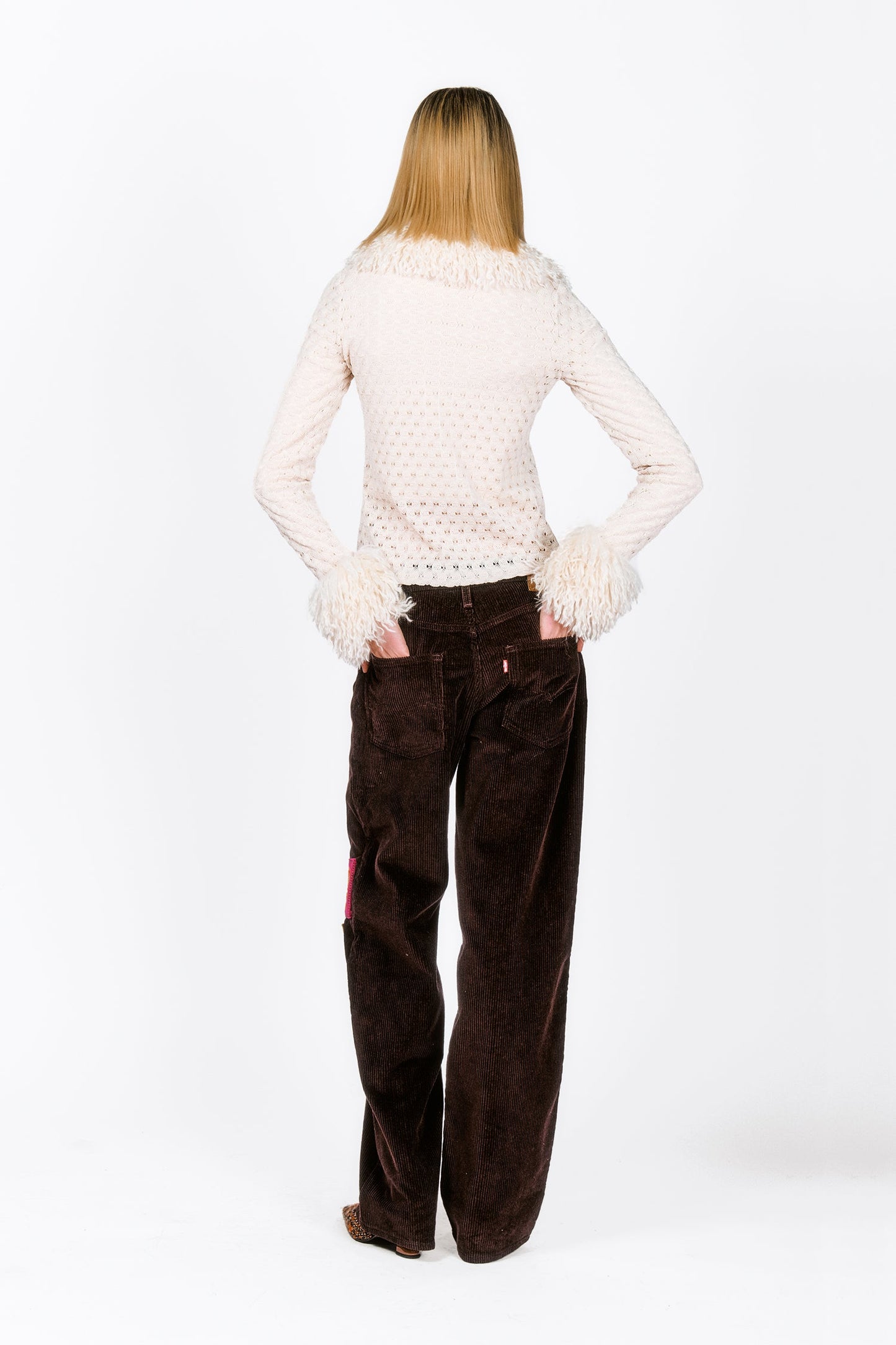 Crochet Knit Faux Curly Lamb Trimmed Fur Snap Top