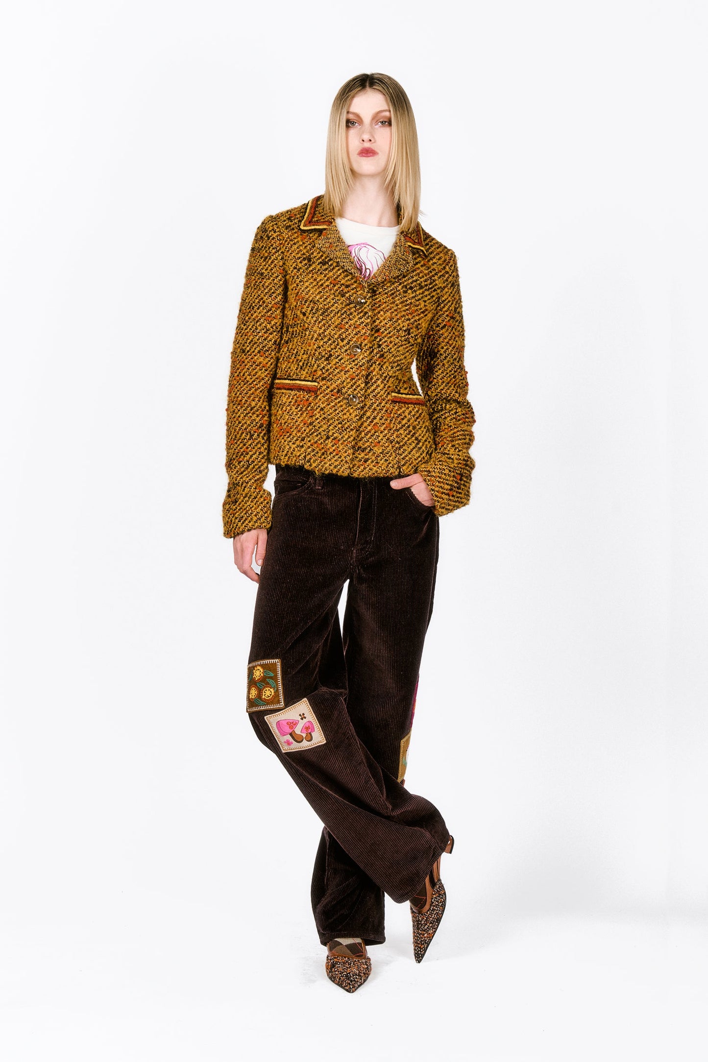 Fall colors Mustard Tweed Jacket with 2-pockets in front, long sleeves, yellow and brown hems