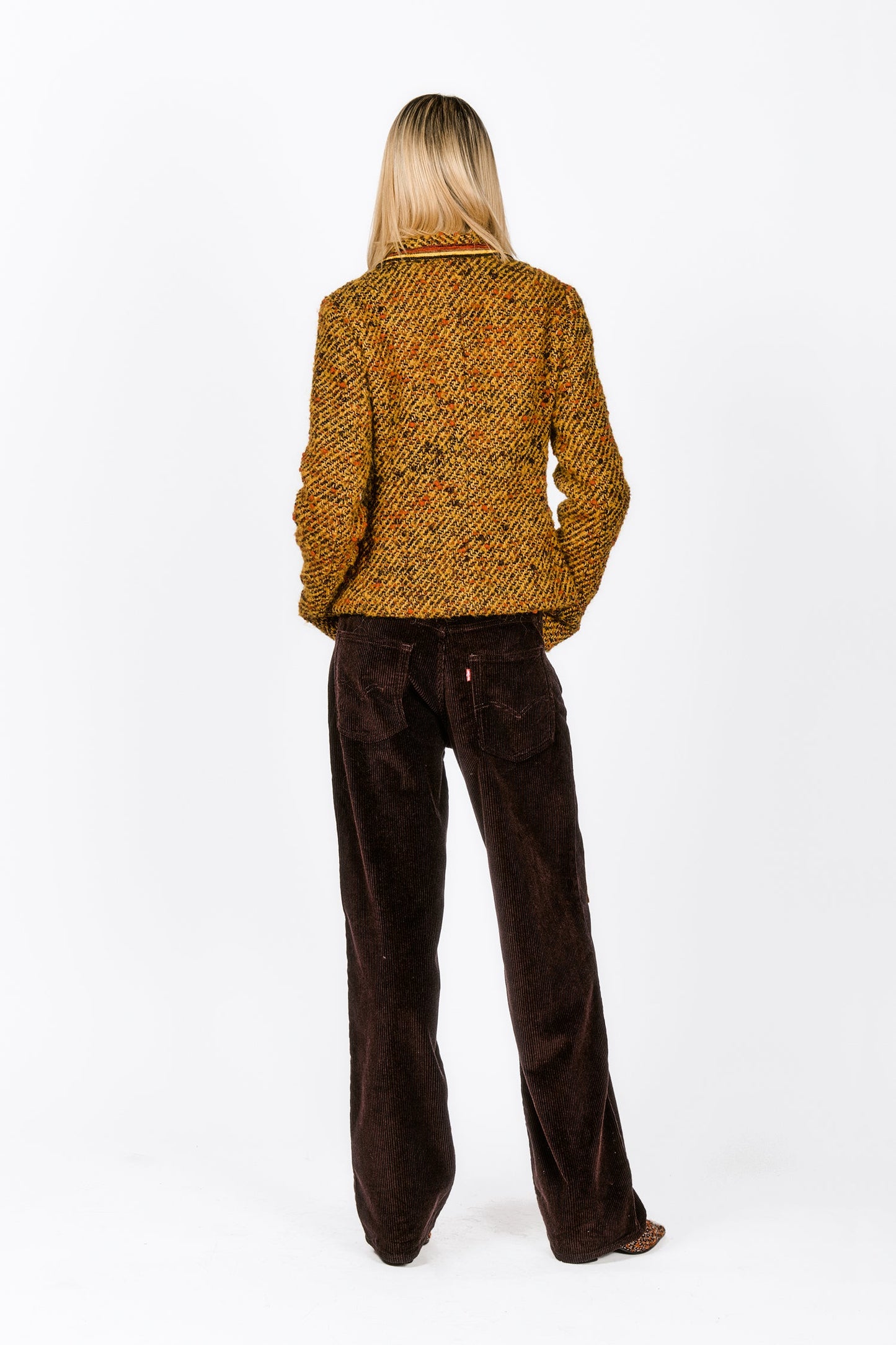 Mustard Tweed Jacket,  from the back it’s a bell shaped looks