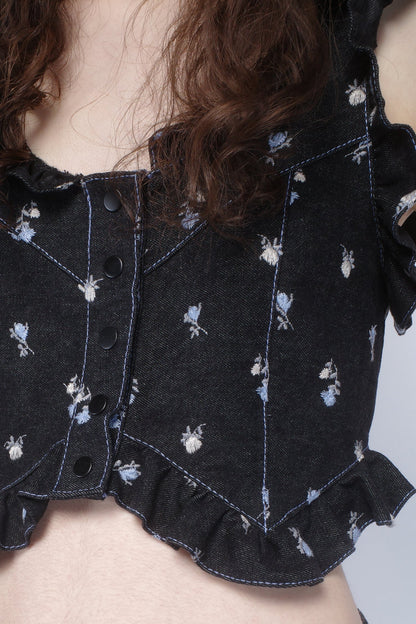 Denim Embroidered Roses Cropped Vest