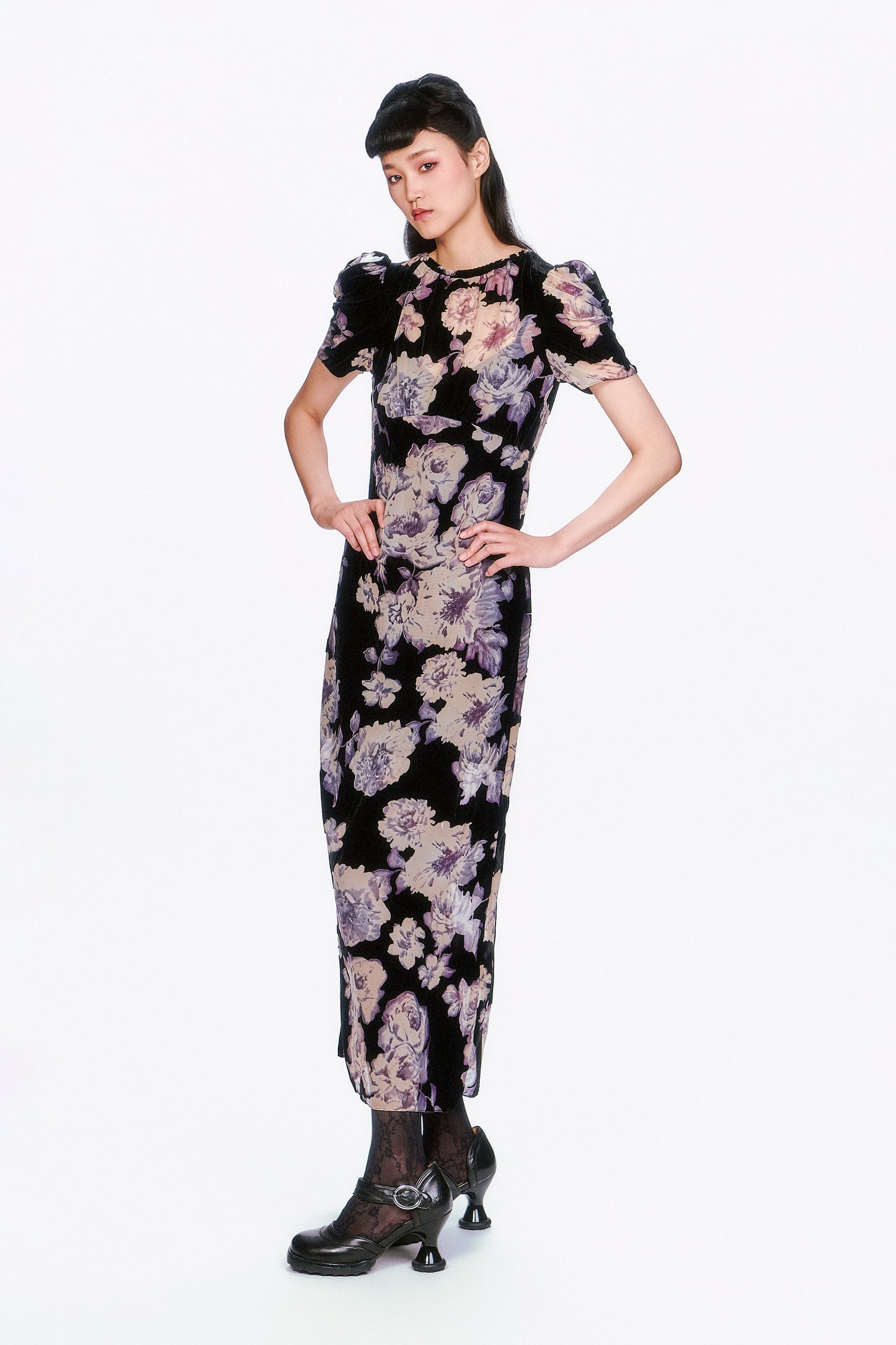 Cabbage Rose Devoré Maxi Dress, see-thru at bottom, short sleeves, Black with floral design.