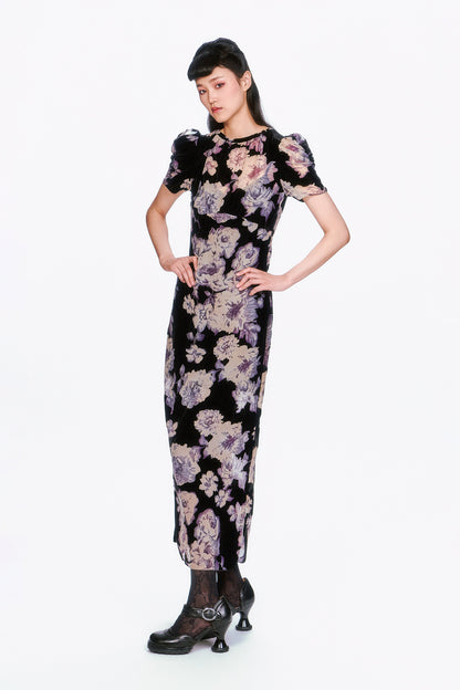 Cabbage Rose Devoré Maxi Dress, see-thru at bottom, short sleeves, Black with floral design.