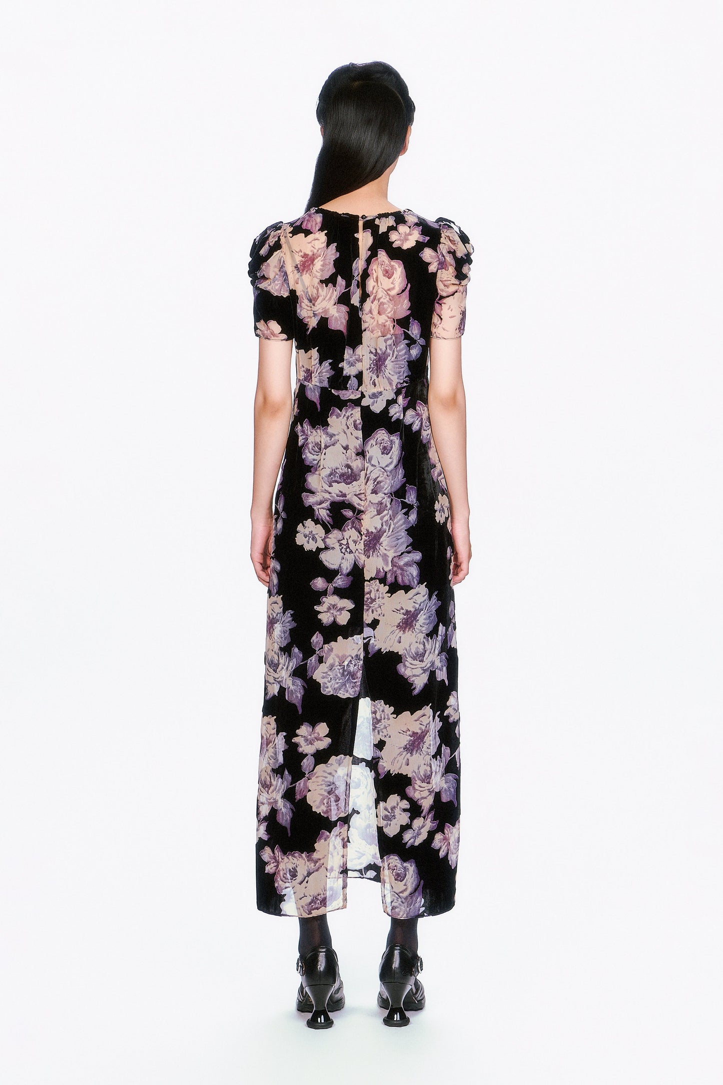 Cabbage Rose Devoré Maxi Dress, see-thru at bottom, short sleeves, slit on bottom in the back.