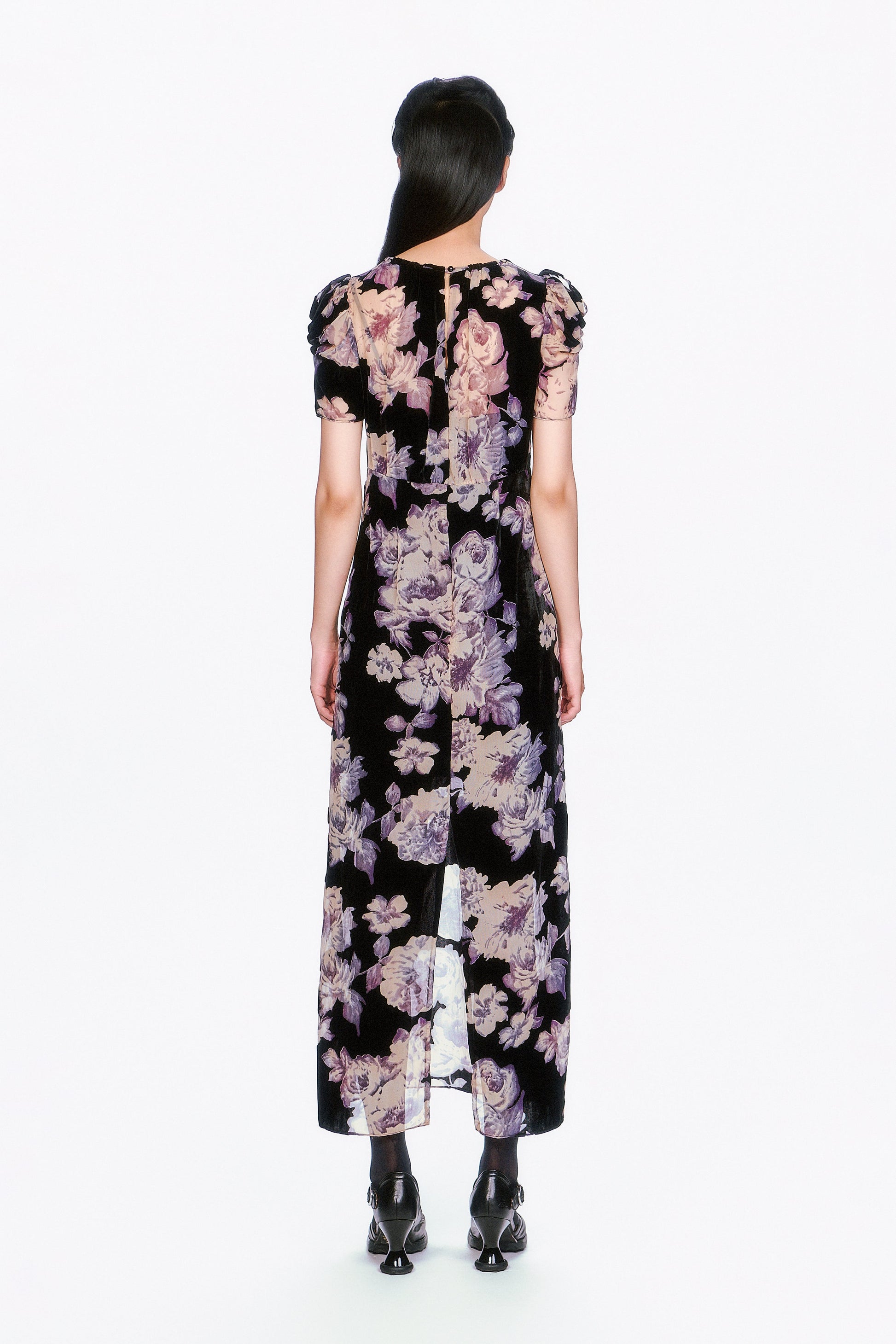 Cabbage Rose Devoré Maxi Dress, see-thru at bottom, short sleeves, slit on bottom in the back.