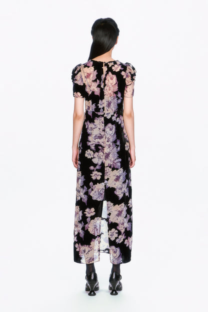 Cabbage Rose Devoré Maxi Dress, see-thru at bottom, short sleeves, slit on bottom in the back.