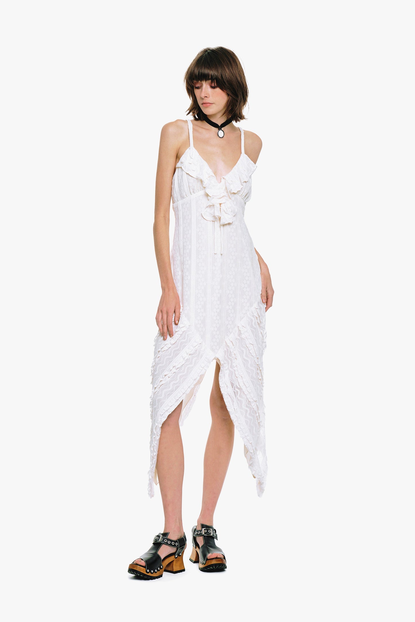 Floral Ruffle Stretch Lace Handkerchief Dress