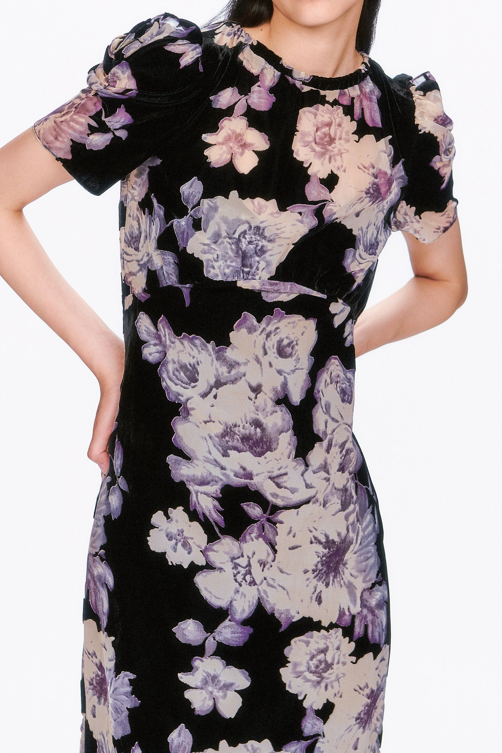 Cabbage Rose Devoré Maxi Dress, black with light pink floral design, neckline collar.