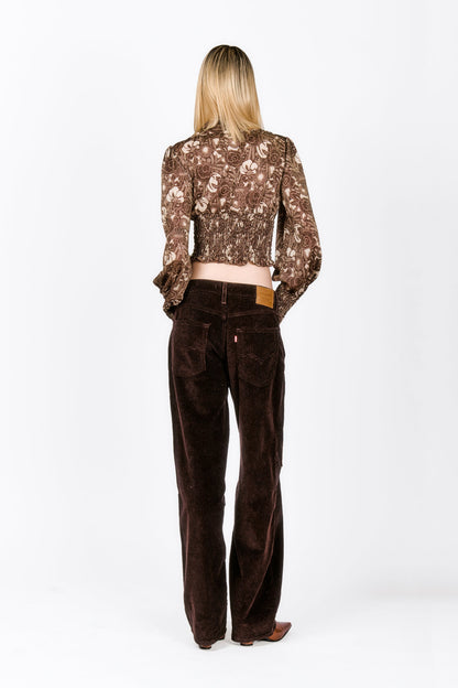 Bloomsbury Buds Lurex Knit Smocked Top, above the waist, floral design in tobacco and white