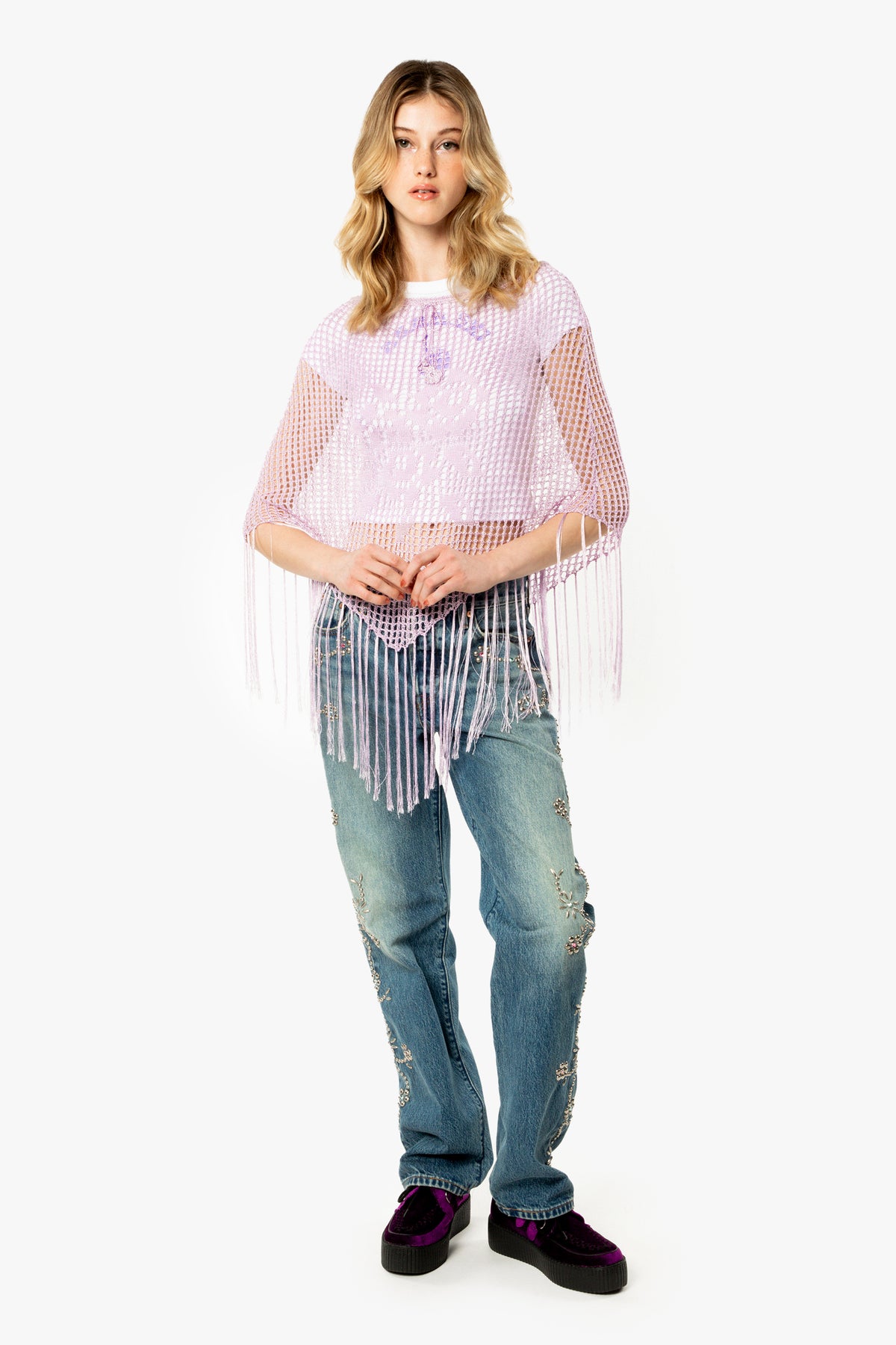 Crochet Fringe Poncho - Lavender