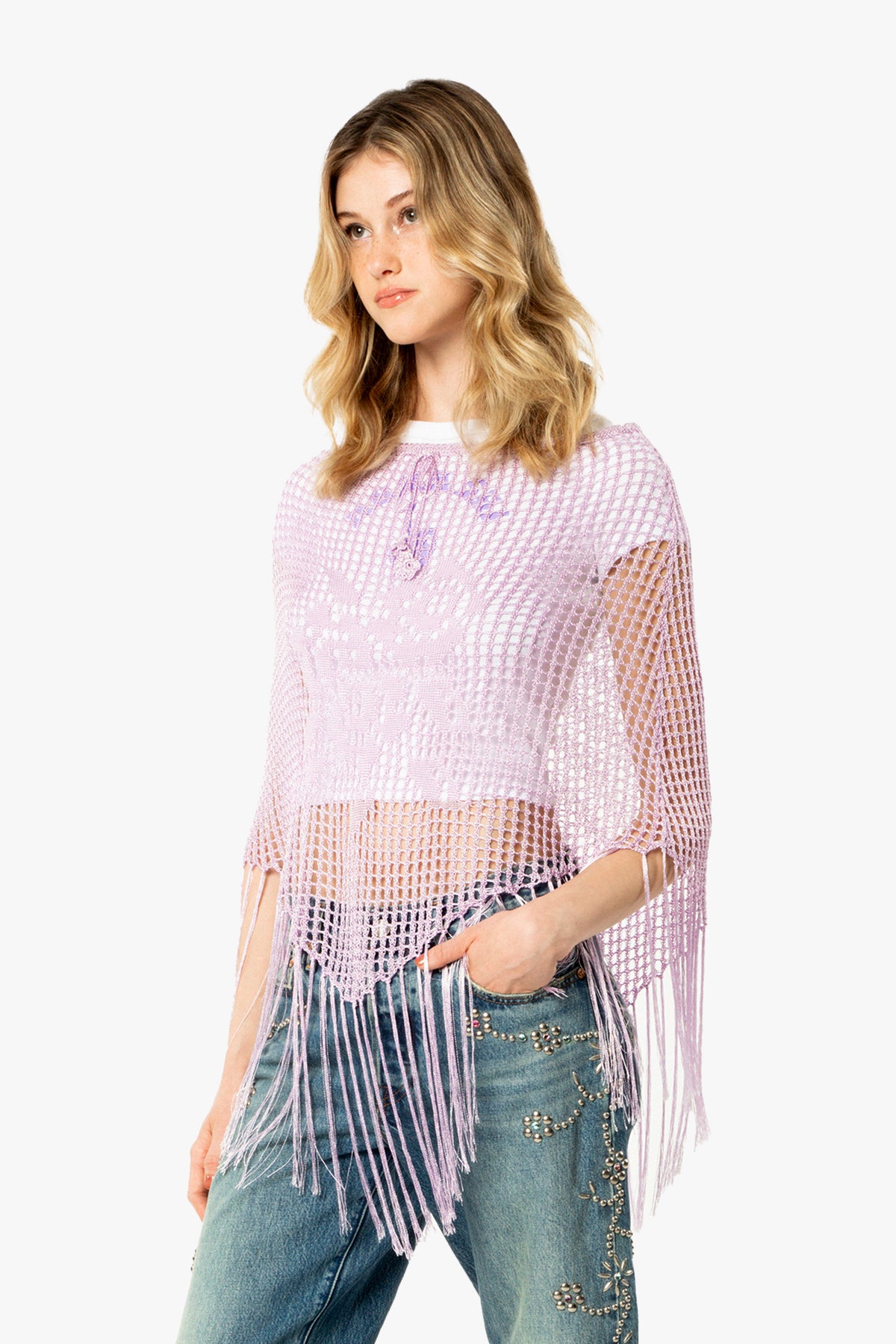 Crochet Fringe Poncho - Lavender