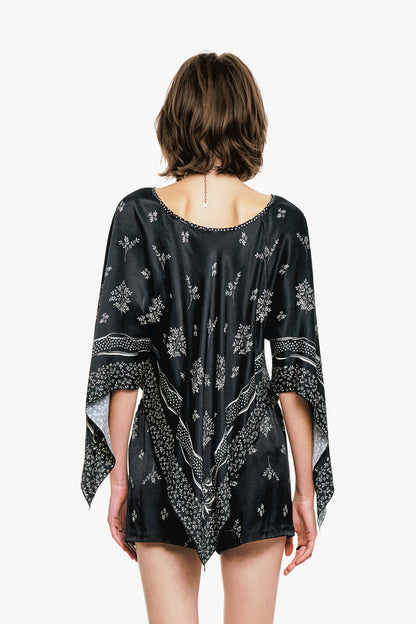 Ribbon Handkerchief Satin Print Poncho