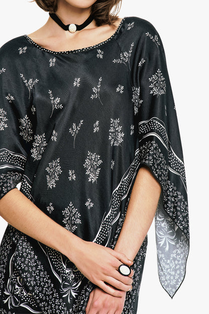 Ribbon Handkerchief Satin Print Poncho