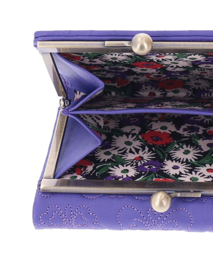 Wallet purple, floral fabric inside, card slots, open pocket, divided bill slots, 2 divided coin slots