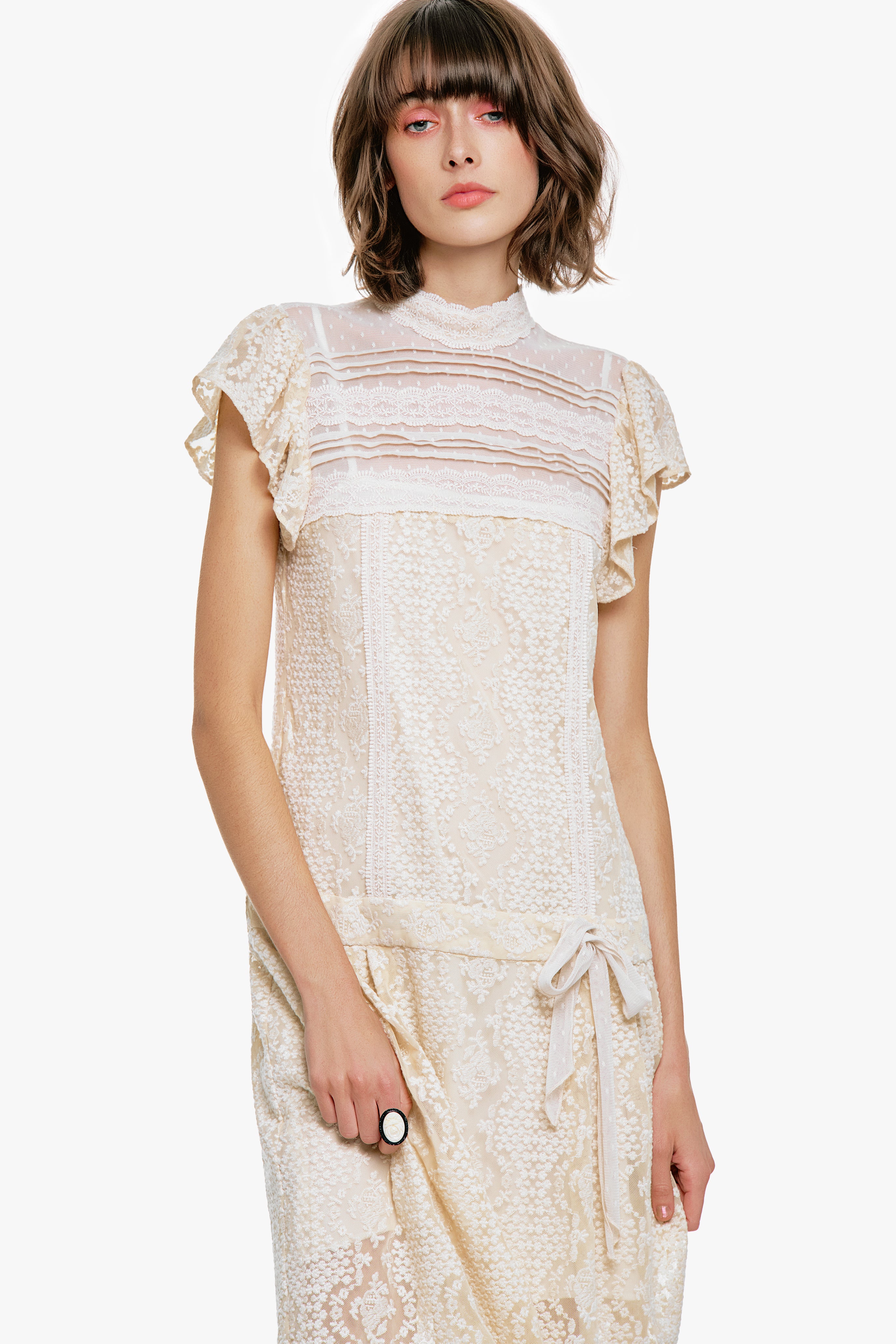 ANNA SUI ノースリーブ ドット レース アイボリー Victorian Lace Combo Drop Waist Dress – Anna Sui