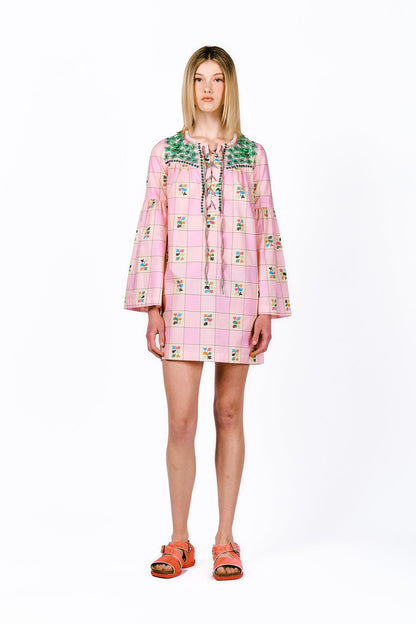 Giant Floral Gingham Embroidered Dress, in pink with green floral design on shoulders