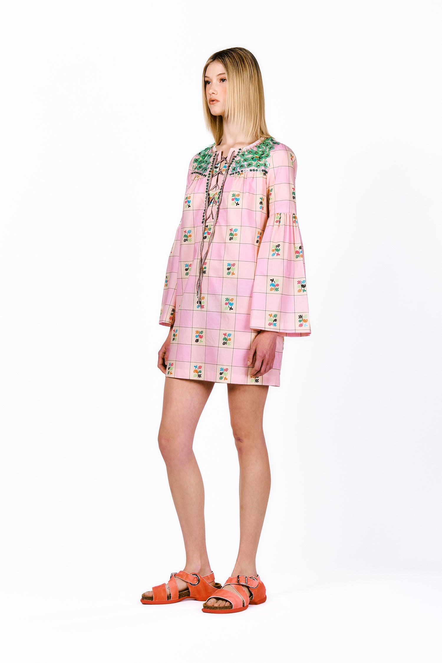 Giant Floral Gingham Embroidered Dress is long sleeves and mid-thigh long