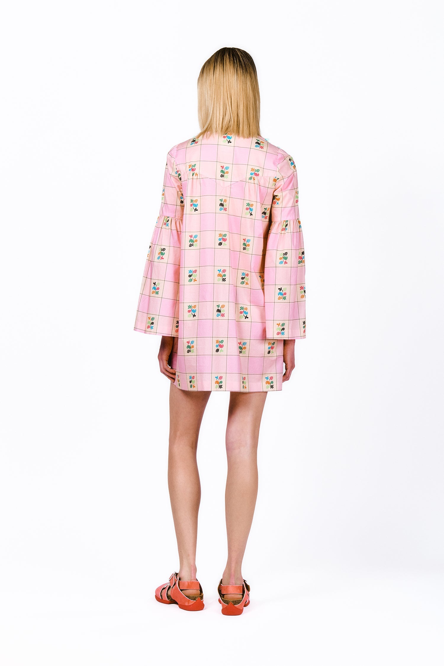 Giant Floral Gingham Embroidered Dress, pink with green floral design in squared pattern
