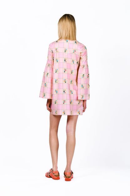 Giant Floral Gingham Embroidered Dress, pink with green floral design in squared pattern