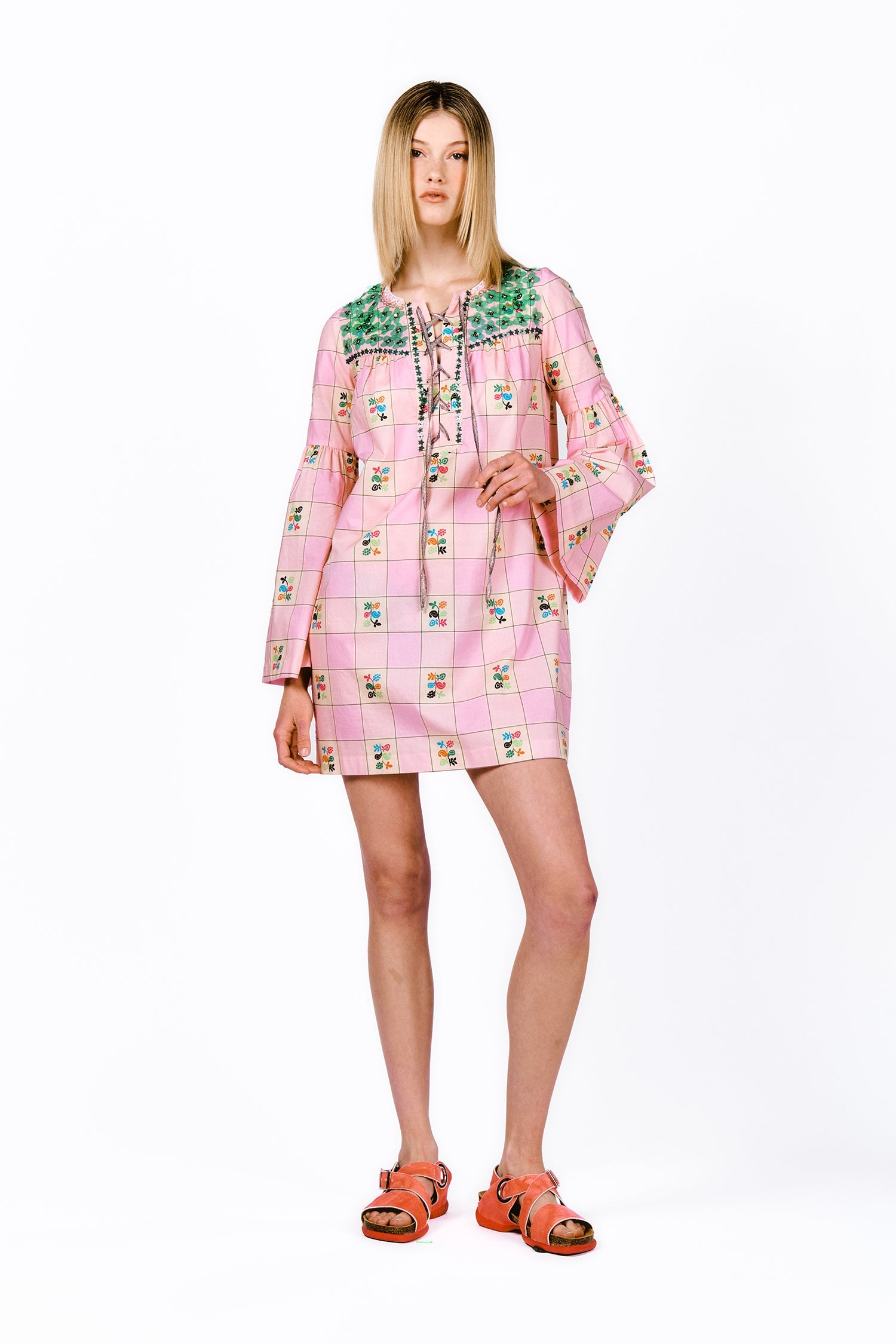 Giant Floral Gingham Embroidered Dress, in pink with green floral design on shoulders