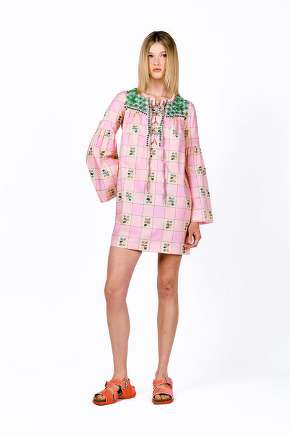 Giant Floral Gingham Embroidered Dress, in pink with green floral design on shoulders