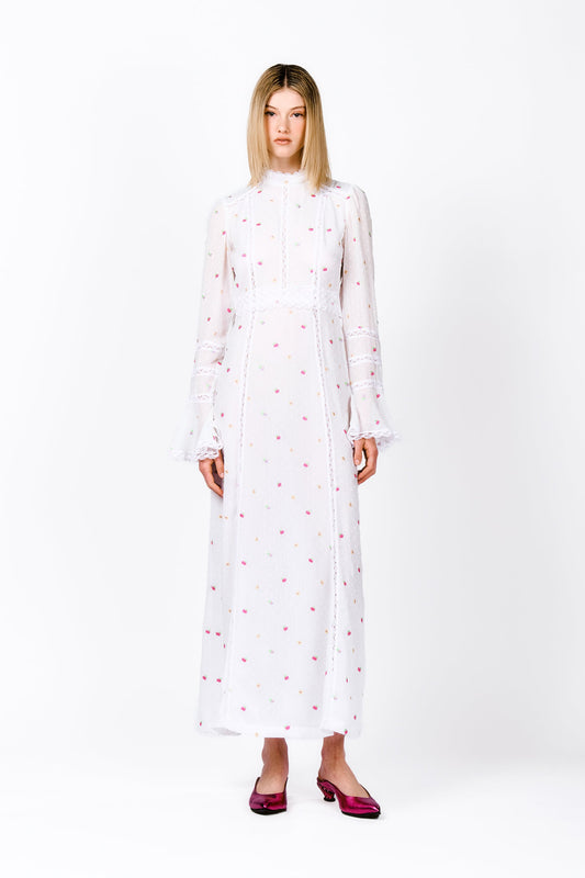 Cluny Lace Trimmed Floral Swiss Dot Maxi Dress, white with red dots, long sleeves, ankles long