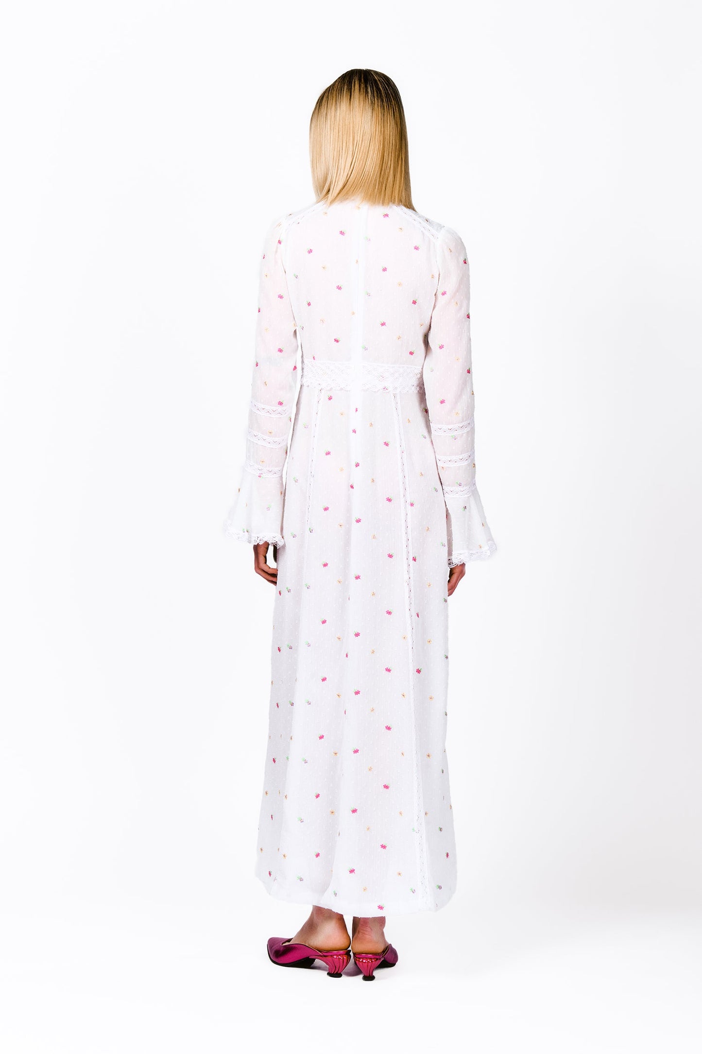 Cluny Lace Trimmed Floral Swiss Dot Maxi Dress, Mandarin laced collar, white with red dots