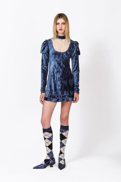 Crushed Blue Velvet Cream Lace Mini Dress, long sleeves, rounded collar with lace to fill it