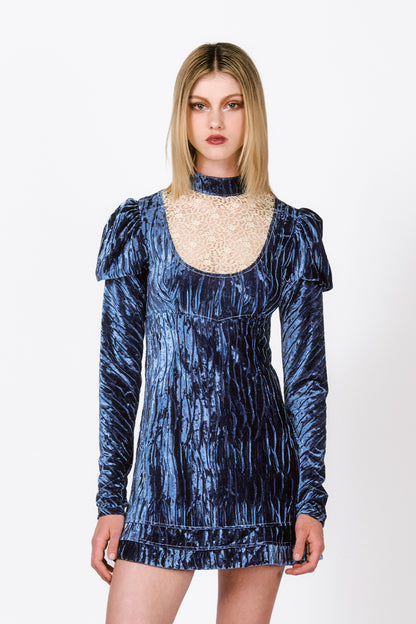 Crushed Blue Velvet Cream Lace Mini Dress, mid-tight long, shiny effect & lines of blue stiches