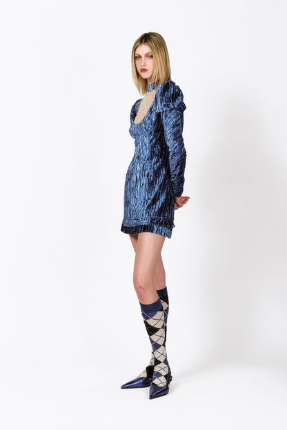 Crushed Blue Velvet Cream Lace Mini Dress, upper-tight long, puffy sleeves at the shoulders