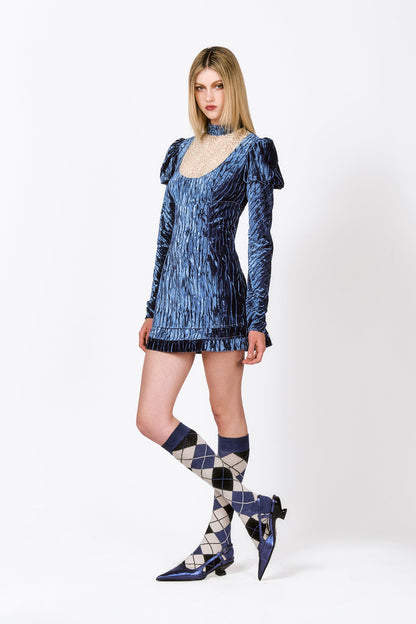 Crushed Blue Velvet Cream Lace Mini Dress, rounded collar with lace to fill it, blue Mao collar