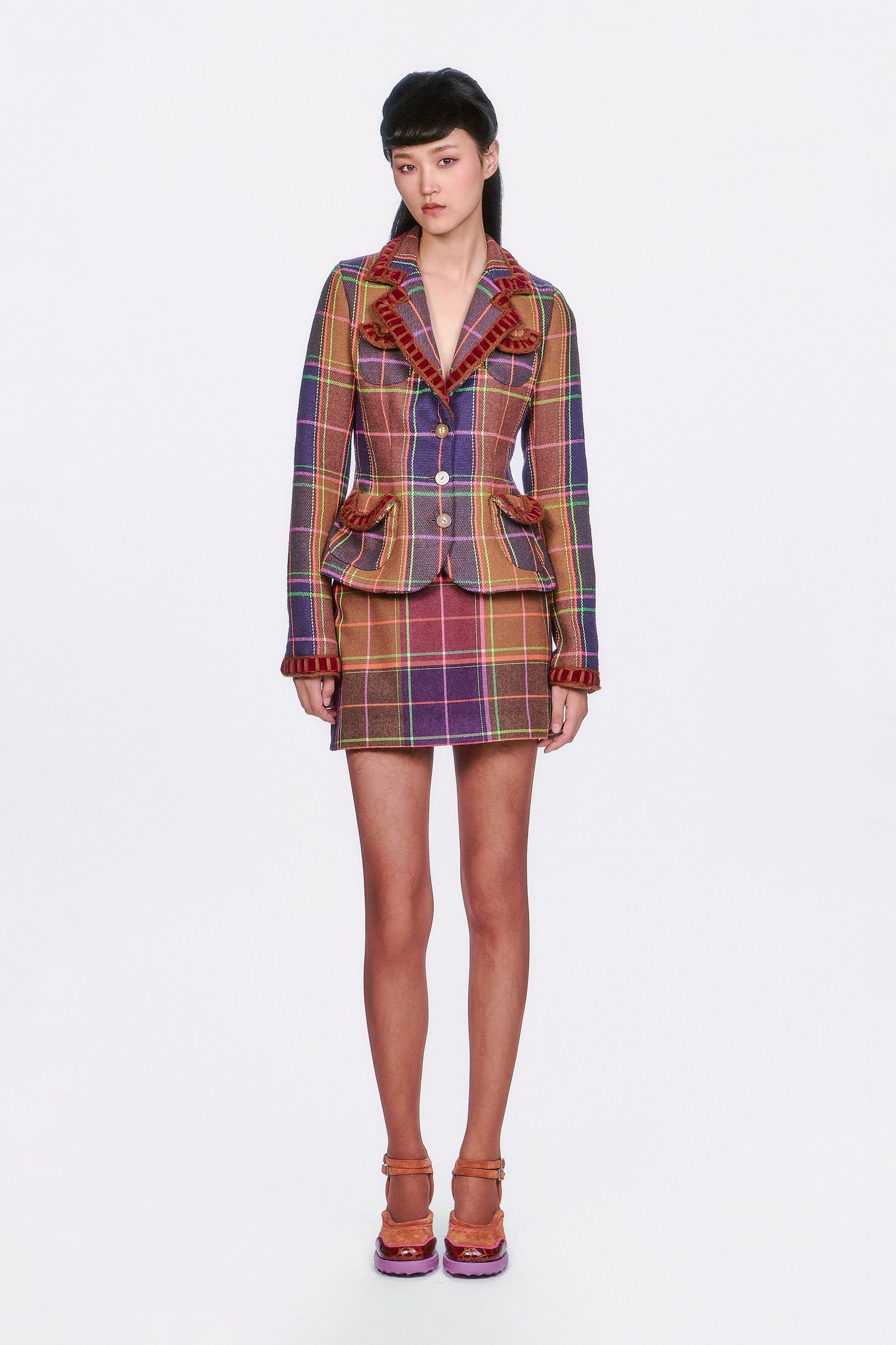 Caramel and Magenta Plaid Mini Skirt with The Caramel and Magenta Plaid Ribbon Jacket. 