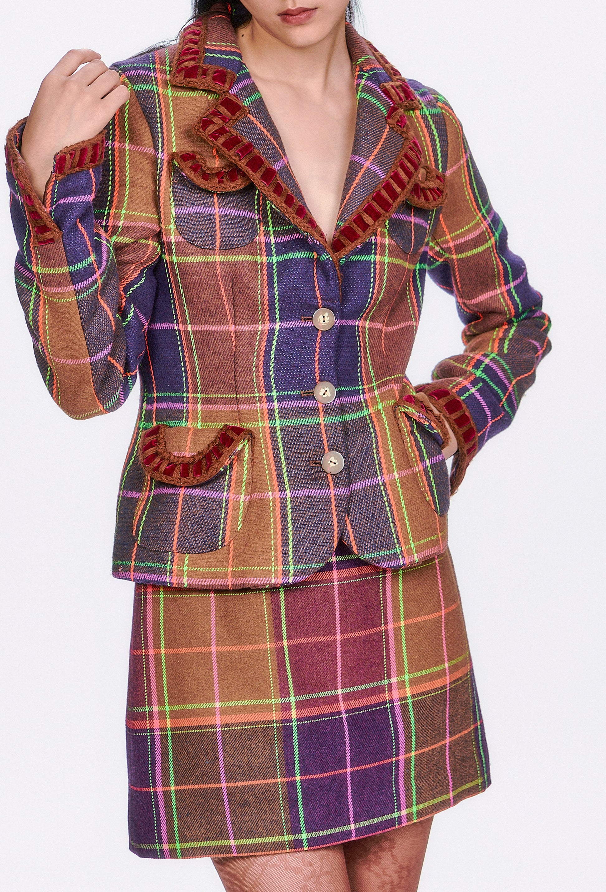 The Caramel and Magenta Plaid Ribbon skirt feature a timeless pattern match the same pattern Jacket.