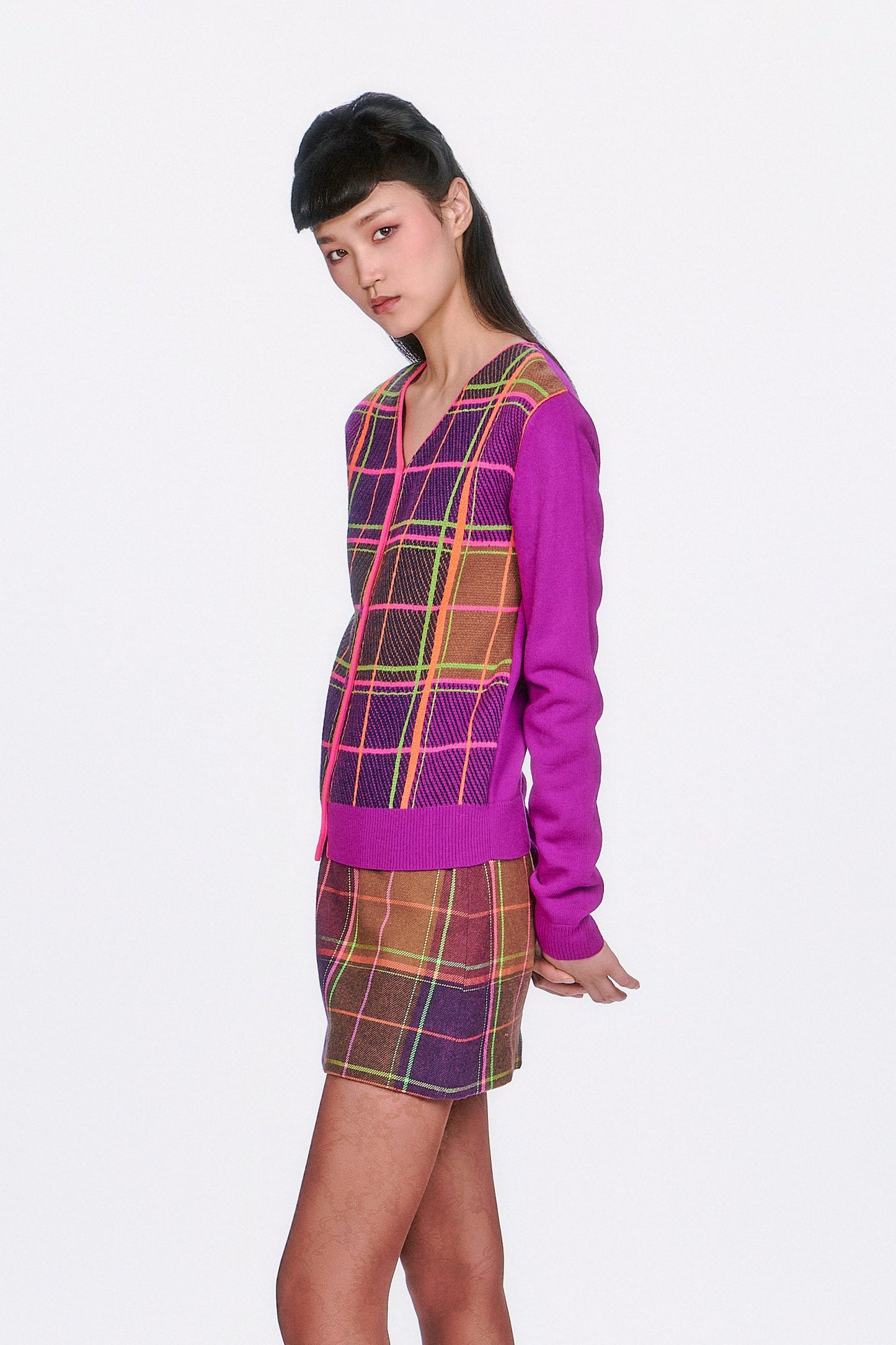Model with Long Sleeves Plaid Cardigan - Magenta, squares are alternatively green, pink and orange