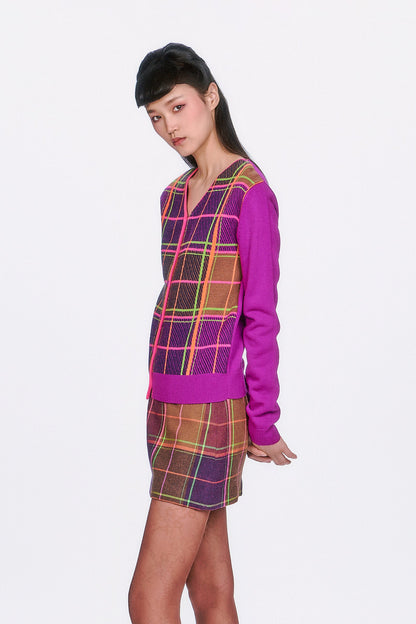 Model with Long Sleeves Plaid Cardigan - Magenta, squares are alternatively green, pink and orange