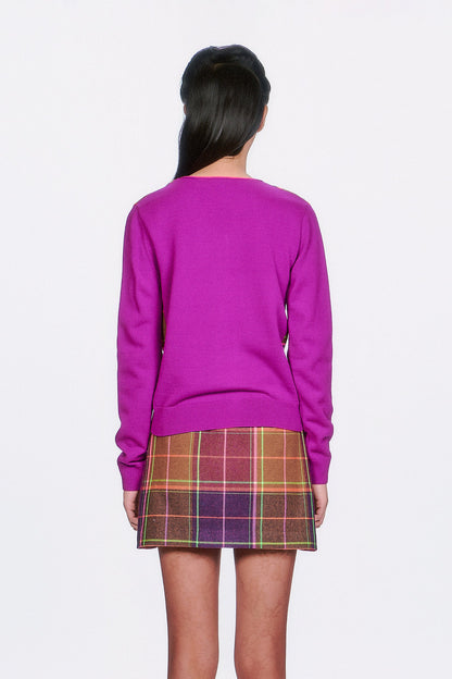 Person wearing Long Sleeves Plaid Cardigan – Magenta Sleeves and back, mini skirt same pattern