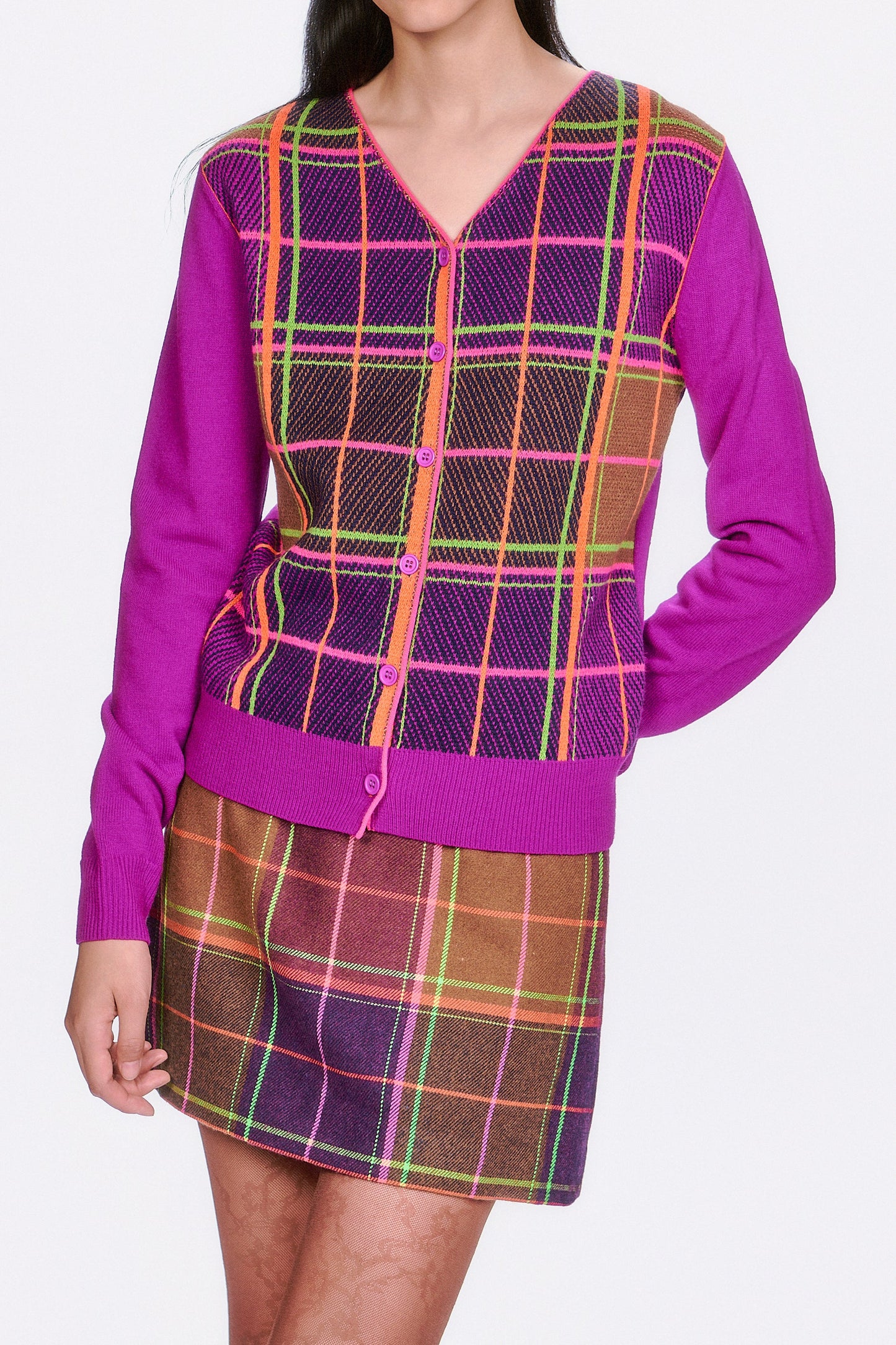 Long magenta Sleeves Plaid Cardigan - Magenta, V-neck collar, 6-buttons to close it.  