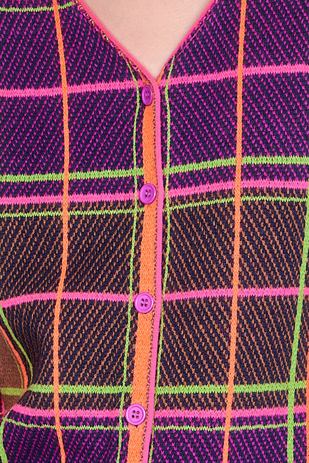 Details of Plaid Cardigan - Magenta, square in squares are alternatively green, pink and orange.