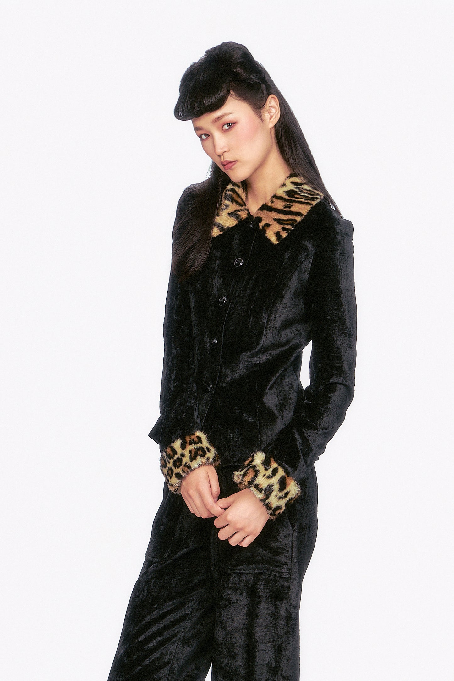 The Velour Jacket black, 5-buttons, leopard accents neckline collar with large triangular flaps.